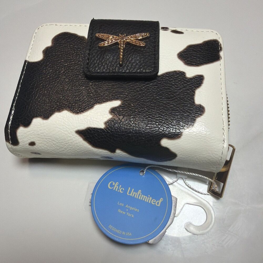 Chic Cowgirl Rodeo Cow Print Wallet NWT Gold Dragonfly Zip Around Bifold - Picture 3 of 9